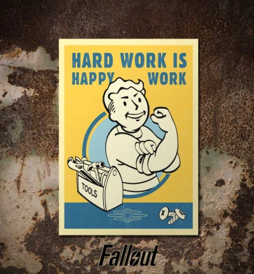 Паперовий постер Hard Happy Work • Плакат з Vault Boy в стилі Фолаут • Подарунок для геймера і фаната гри Fallout