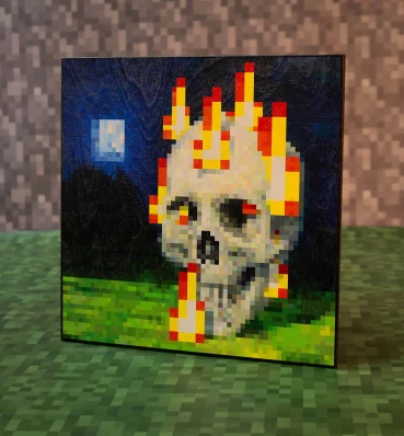 Картина ⦁ Burning Skull ⦁ Постер в стиле игры Minecraft ⦁ Подарок по Майнкрафт геймеру 