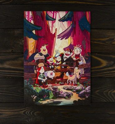 Деревянный постер • Персонажи в лесу • Плакат Гравити Фолз • Подарок Gravity Falls