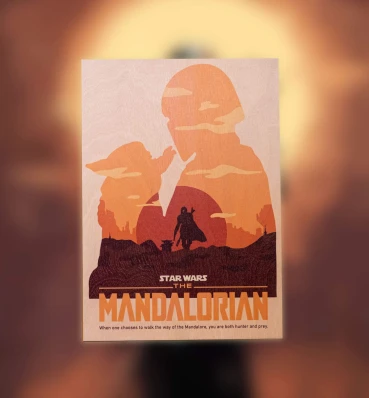 Деревянный постер с малышом Грогу и Мандалорцем ⦁ Плакат Мандалорец ⦁ Звездные Войны ⦁ Подарок фанату Star Wars