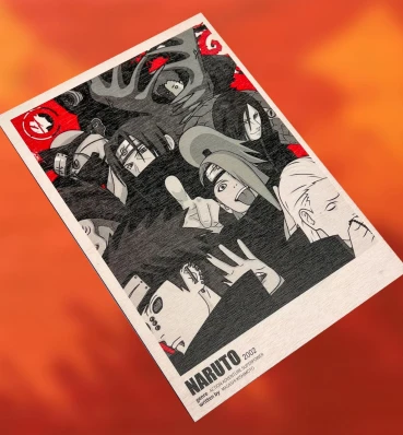 Дерев'яний постер №1 ⦁ Чорно-білий арт Акацукі ⦁ Плакат Akatsuki ⦁ Сувеніри Наруто ⦁ Подарунки в стилі аніме Naruto