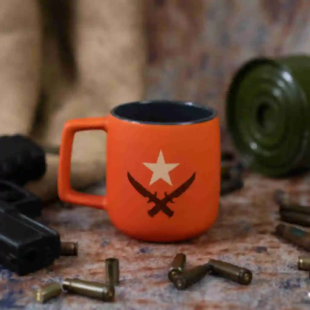 Оранжевая чашка с логотипом Террористов ⦁ Атрибутика и сувениры Counter-Strike • Подарки в стиле игры Контр-Страйк. Фото №79