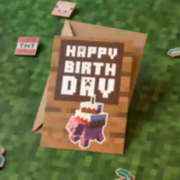 Листівка ⦁ Happy Birthday ⦁ Сувеніри за грою Майнкрафт ⦁ Подарунок для геймера в стилі Minecraft