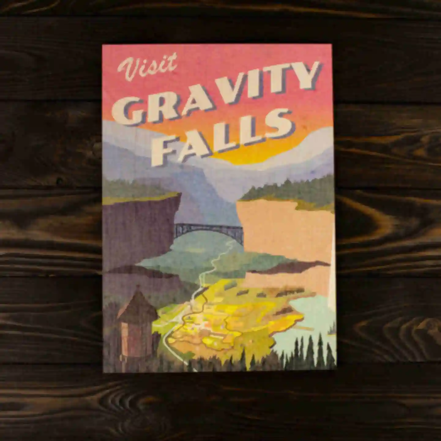 Дерев'яний постер • З містечком Гравіті Фолз • Плакат • Подарунок Gravity Falls