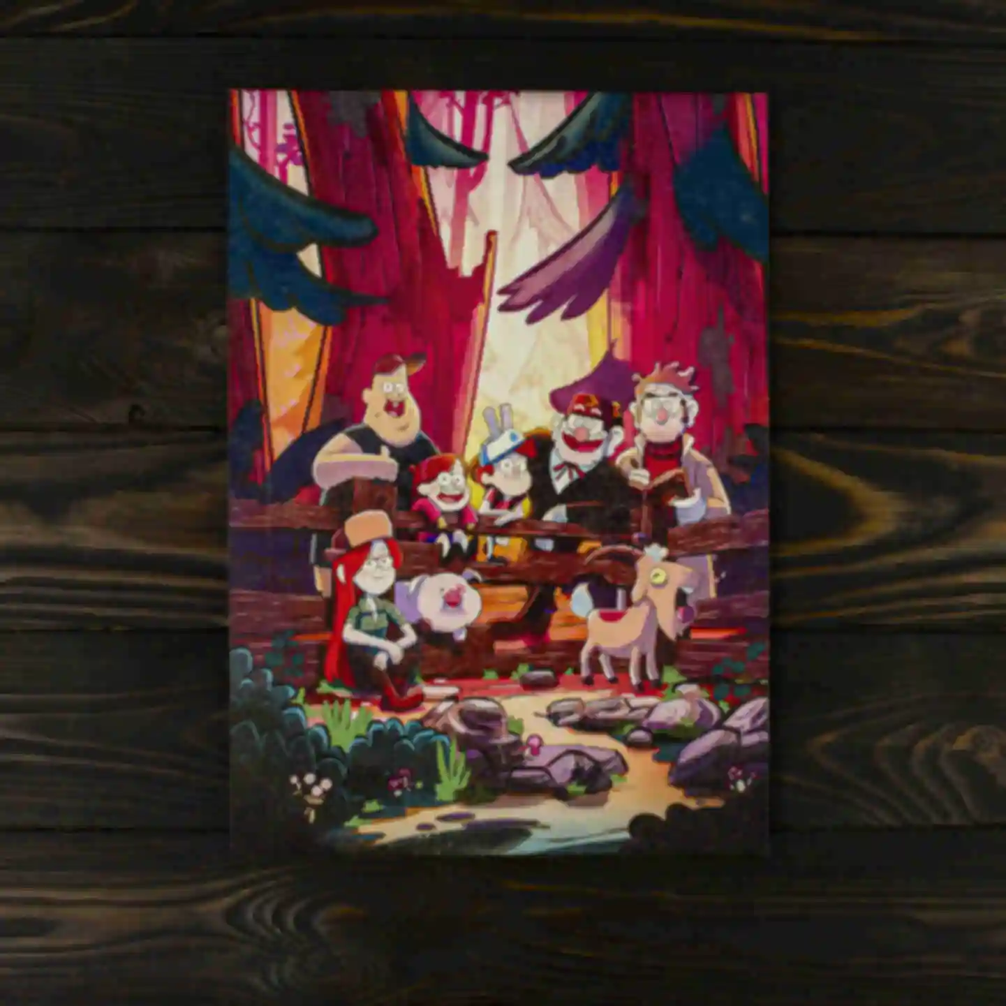 Дерев'яний постер • Персонажі в лісі • Плакат Гравіті Фолз • Подарунок Gravity Falls