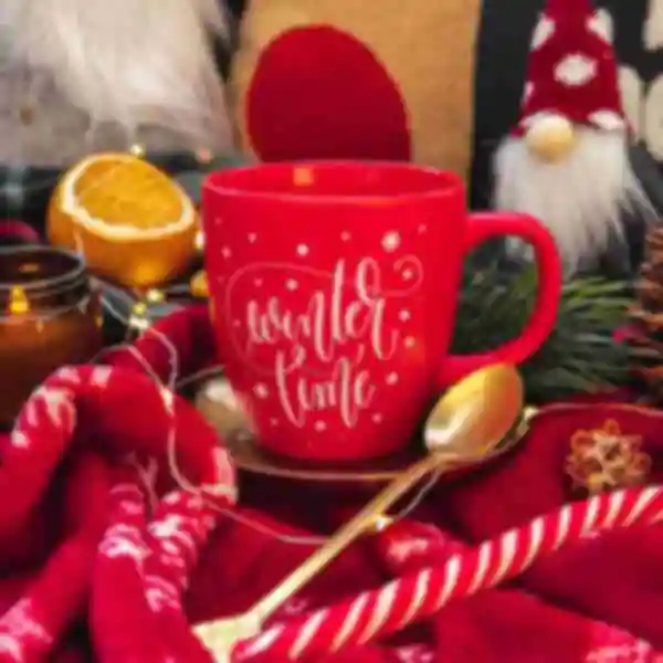 Велика червона чашка з написом Winter Time • Подарунки на Новий рік та Різдво • Затишний керамічний посуд