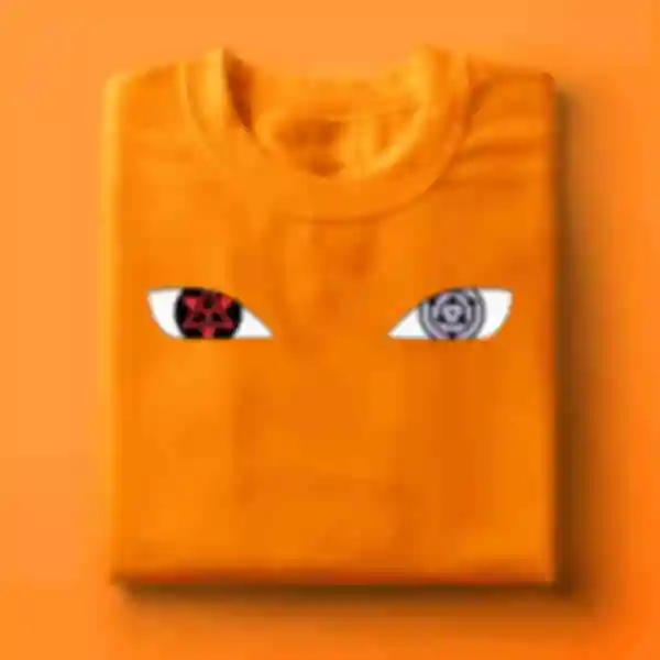 Футболка №2 • Очі Саске Учіха • Ріннеган і Манґекьо Шарінґан • Мерч Naruto, помаранчева